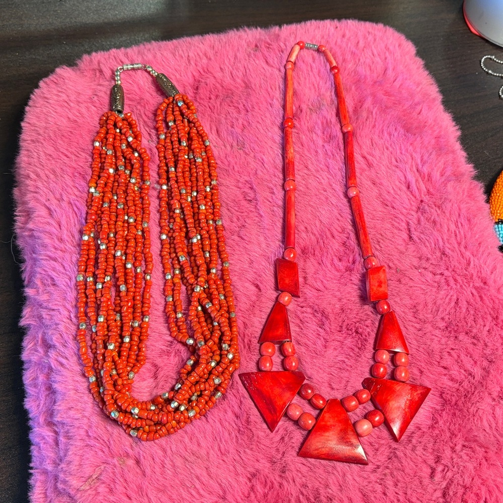Necklace bundle, 10 strand orange Red with gold beaded necklace 20 inches long,